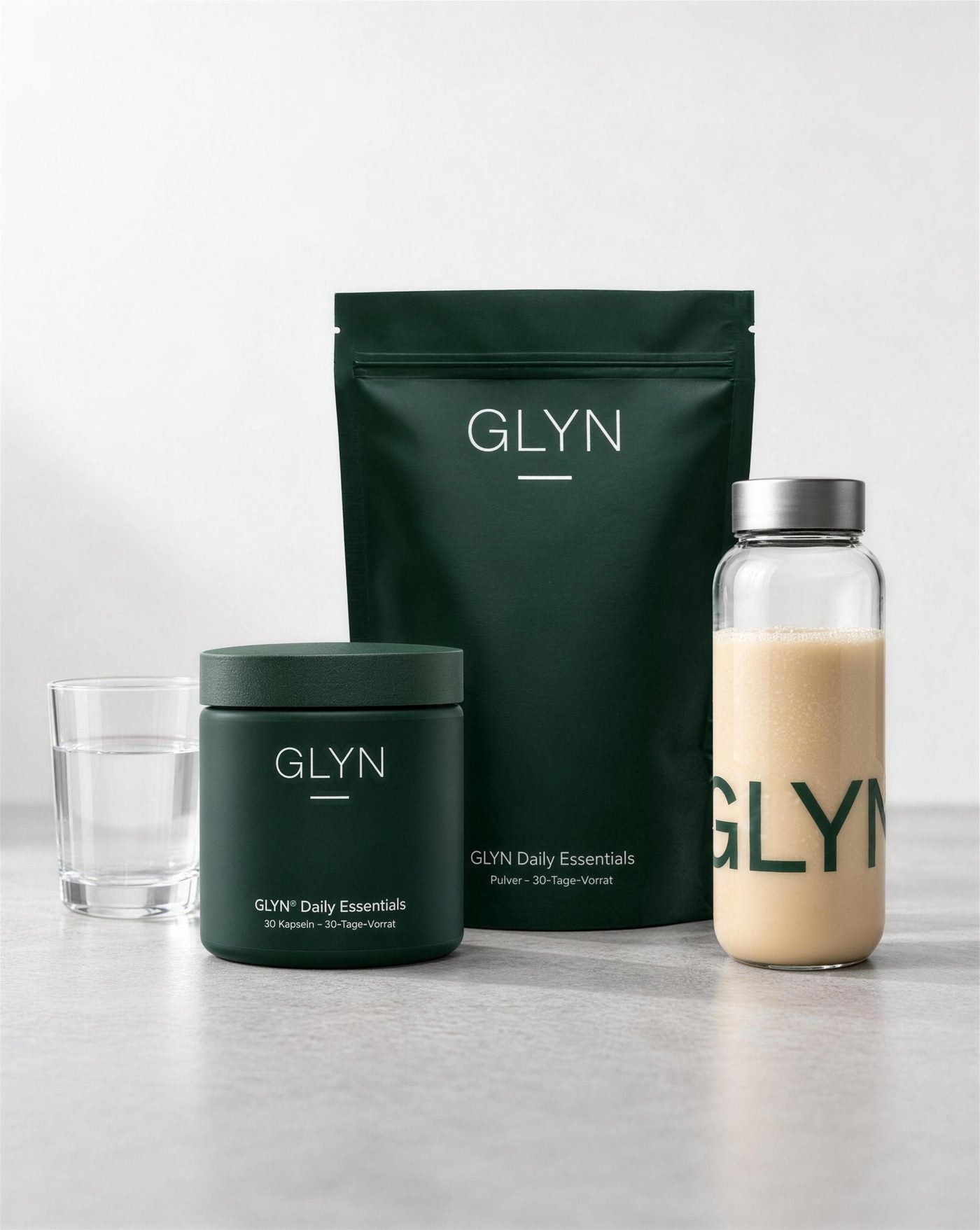 GLYN Beutel, Dose und Glasflasche mit Shake