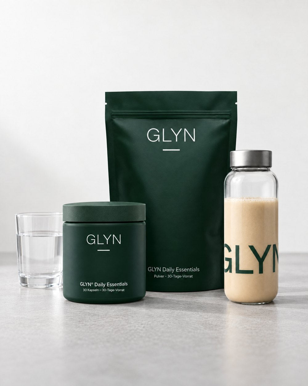 GLYN Beutel, Dose und Glasflasche mit Shake
